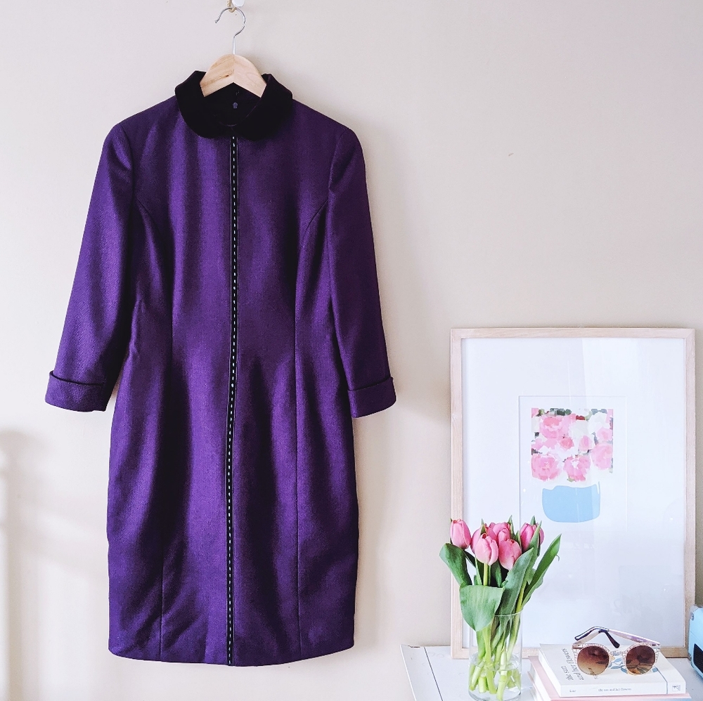 purple long sleeve wool dress with velvet vollar